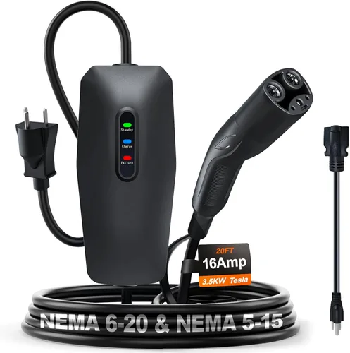 Miniatura 10 de Cargador de vehículo eléctrico de nivel 1/2, 16 amperios y 3.5 kW, cargador portátil con cable de 20 pies, estación de carga doméstica, con enchufe