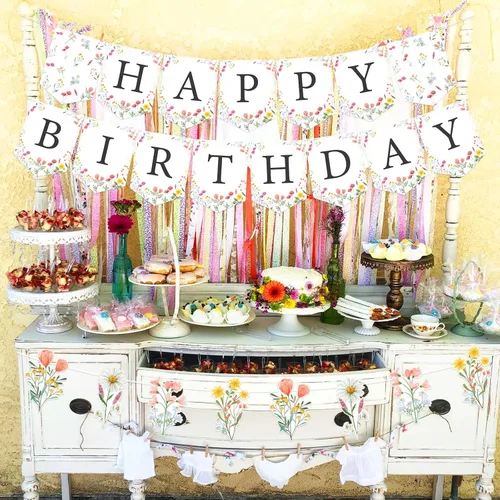 Miniatura 2 de Wildflower - Cartel de feliz cumpleaños con diseño de guirnalda y letrero de decoración de fiesta, pre-encordado, sin bricolaje, tema floral