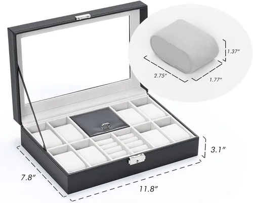 Miniatura 2 de NEX Caja de reloj 8 ranuras con cerradura de cuero para reloj organizador con almacenamiento de anillos para mujeres y hombres color negro