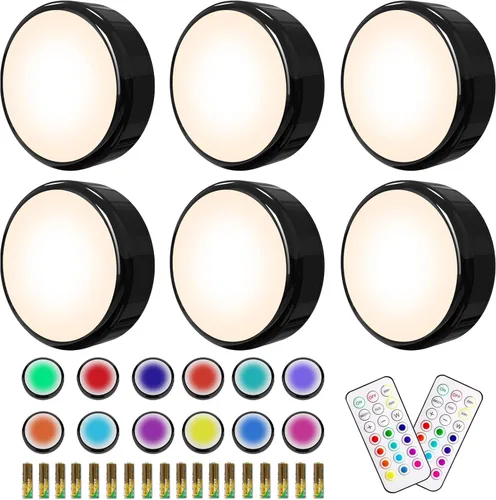 Miniatura 10 de HELPLEX Luces LED de disco con control remoto, paquete de 6 luces adhesivas RGBW que cambian de color, alimentadas con pilas, iluminación regulable