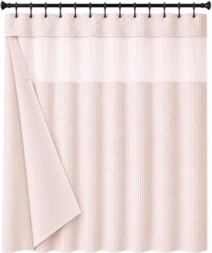 Miniatura 18 de Juego de cortina de ducha de tejido gofre con forro – Cortina de baño moderna con ventana superior de malla – Diseño de tela de alta calidad
