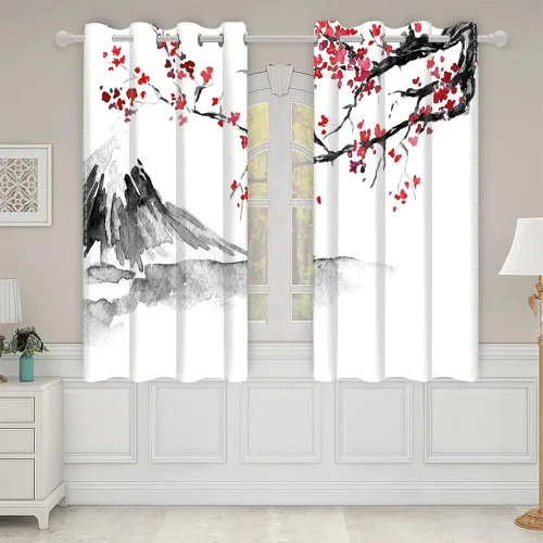 Miniatura 16 de Cortinas japonesas con pintura de tinta, monte Fuji, sol rojo, puesta de sol, hojas de bambú, cortinas de ventana para dormitorio, sala de estar