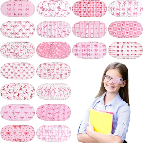 Kingdder 20 parches de ojos rosas para niños pequeños para lentes izquierdo o derecho, reutilizable, ajustable, lazo de estilo rosa para niñas