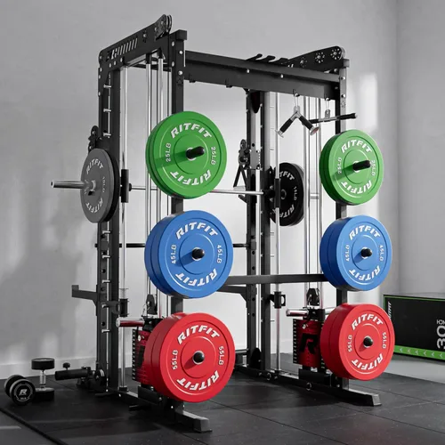 Miniatura 8 de RitFit Paquete de máquina M1 Pro Smith, jaula de potencia todo en uno con juego de pilas de pesas, incluye sistema LAT Pulldown y cable cruzado