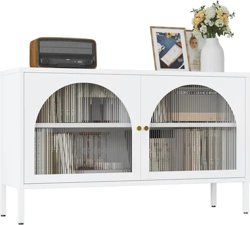 Miniatura 8 de Gabinete de almacenamiento de metal, soporte de TV de 2 puertas, armario decorativo con puertas y estante ajustable, armario de metal, mesita