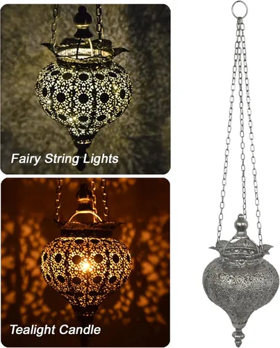 Miniatura 4 de Westcharm Lámpara de Adoración Antigua de Plata Oriental Marroquí para Ramadán, Colgante de Metal, Luz Colgante, Lámpara de Vela Decorativa