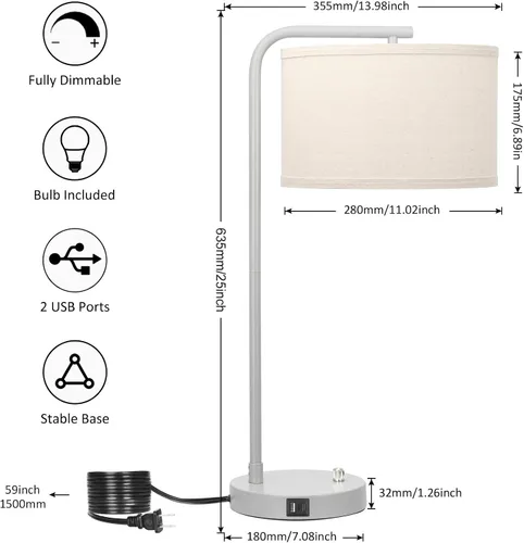 Miniatura 3 de Lámpara de mesa con puertos USB C+A, lámpara de mesita de noche completamente regulable para sala de estar, lámpara de cabecera moderna gris