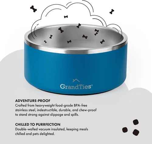 Miniatura 2 de GrandTies Cuenco de acero inoxidable para perros Comedero para mascotas reutilizable con aislamiento sin BPA Plato grande y resistente Azul