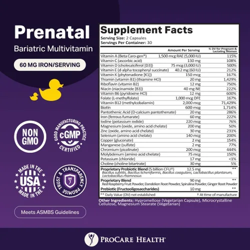 Miniatura 3 de ProCare Health Multivitamínico bariátrico prenatal con hierro (60 cápsulas fáciles de tragar) - para mujeres, vitaminas bariátricas para bypass