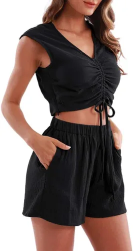 Miniatura 3 de Amazhiyu Conjunto de 2 piezas de gasa de algodón arrugado para mujer, pantalones cortos y tops de verano