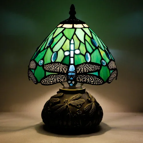 Miniatura 4 de Lámpara de mesa pequeña Tiffany W8H11 pulgadas Tiffany verde libélula estilo de la lámpara de vidrieras de bronce tipo hongo base de resina mini