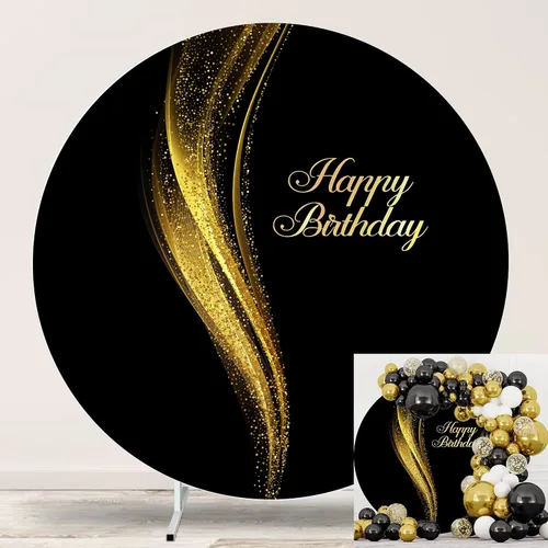 Miniatura 10 de Cartel de feliz cumpleaños dorado de 6.5 pies, cubierta de fondo circular blanco con 4 clips, telón de fondo redondo para fotografía, cartel dorado