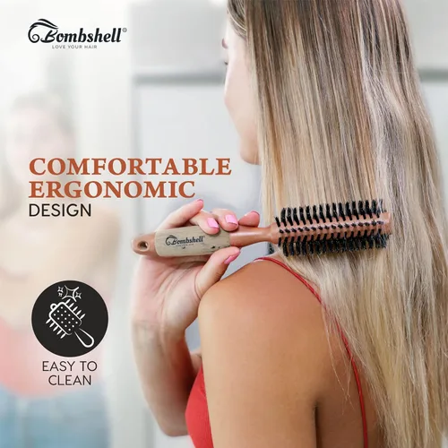Miniatura 4 de Bombshell Cepillo Redondo de Madera de Abedul – 1.75 pulgadas de ancho, 10 pulgadas de largo, cerdas de jabalí, mango de madera natural