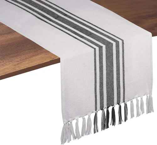 Miniatura 18 de Native Fab Camino de mesa verde azulado de 72 pulgadas de largo – Fundas de mesa bohemias a rayas con flecos – 100% algodón, tejido apretado, mantel
