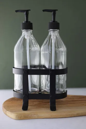 Miniatura 4 de Rail19 Juego de plato de cocina transparente vintage + dispensador de jabón de manos con soporte de metal negro, perfecto para fregadero de cocina