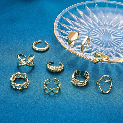 Miniatura 6 de MOROYA 10 anillos gruesos de cúpula de oro para mujer chapados en oro de 18 quilates trenzados redondos anillos de sello ajustables y abiertos