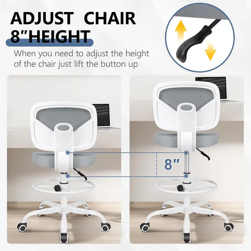 Miniatura 6 de Primy Silla de escritorio alta sin brazos, altura ajustable y reposapiés, silla ergonómica de escritorio de pie con respaldo medio, silla alta