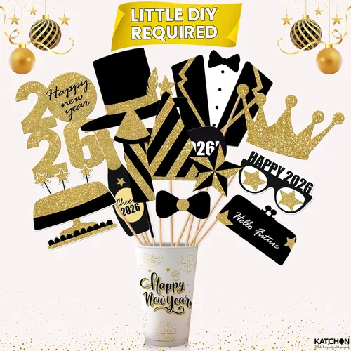 Miniatura 4 de KatchOn, Glitter New Years Photo Booth Props 2026 - Pack of 30 Gold and Black New Years Eve Photo Booth Props for Happy New Year Decorations 2026