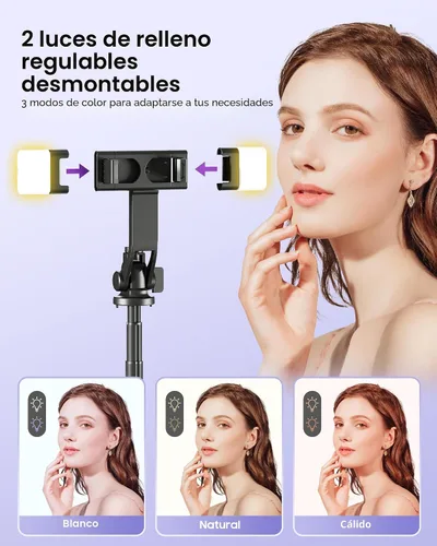 Miniatura 2 de Trípode para selfie stick de 53 pulgadas con luz, soporte mejorado para teléfono celular de 4 patas, trípode para cámara con control remoto Negro A