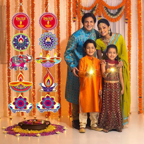 Miniatura 6 de Hotop 2 carteles colgantes con temática de Deepavali de 78 x 11.4 pulgadas, decoraciones Diwali para el hogar, festival de luces, fiesta, puerta