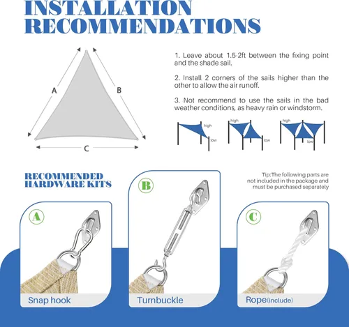 Miniatura 6 de ECOOPTS Toldo Vela Triangular de HDPE de 12'x12'x12' para Sombra Solar, Toldo para Patio Exterior Pérgola, Tela de Cobertura que Bloquea 95% UV Beige