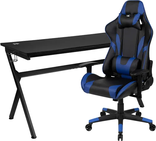 Miniatura 87 de Flash Furniture Juego de escritorio para juegos negro y silla de carreras blanco/negro con soporte para tazas, gancho para auriculares y soporte