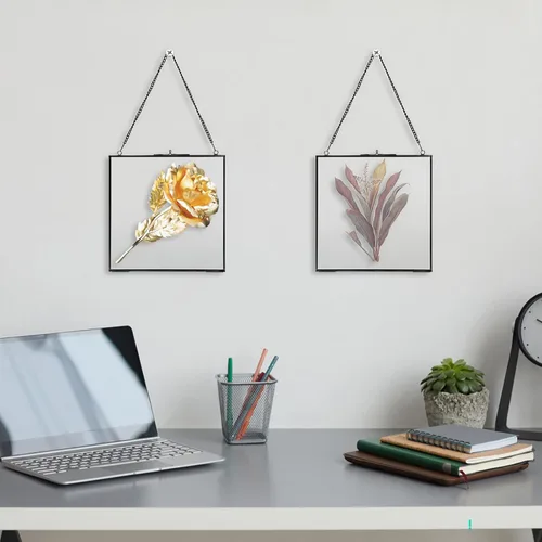 Miniatura 9 de JUXYES Paquete de 2 marcos cuadrados de latón para colgar en la pared para flores prensadas, marco de exhibición de ilustraciones de doble vidrio