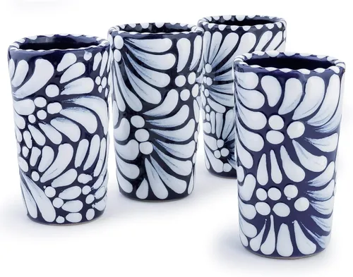Miniatura 23 de Juego de 4 vasos de chupito Talavera auténticos mexicanos para tequila - Pintados a mano - 2 Oz (Flores naranjas)