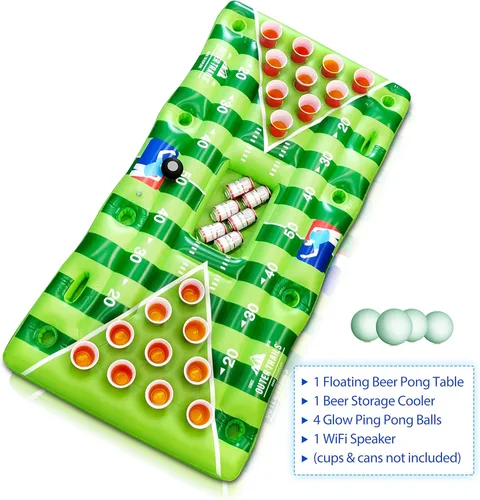 Miniatura 3 de Mesa inflable flotante de beer-pong para colocar cervezas, con altavoz WiFi, incluye 4 bolas brillantes de ping pong y cubierta extraíble