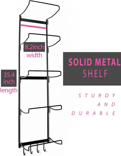 Miniatura 6 de MRZZATA Soporte de pared para esterilla de yoga de 5 niveles, estante de almacenamiento de metal para alfombrillas/ruedas, rodillo y bloque