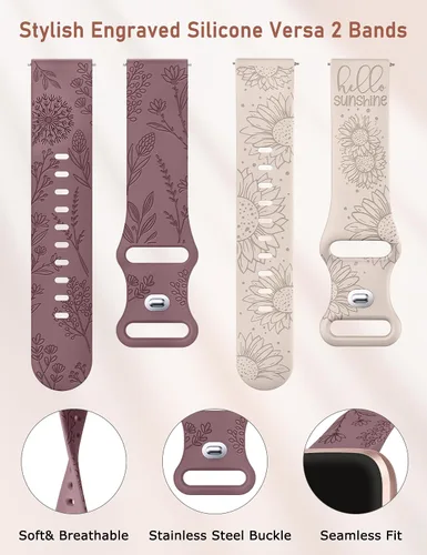 Miniatura 3 de Minyee Paquete de 2 correas con grabado floral compatibles con Fitbit Versa 2/Fitbit Versa/Versa Lite para mujeres, linda correa deportiva de Humo