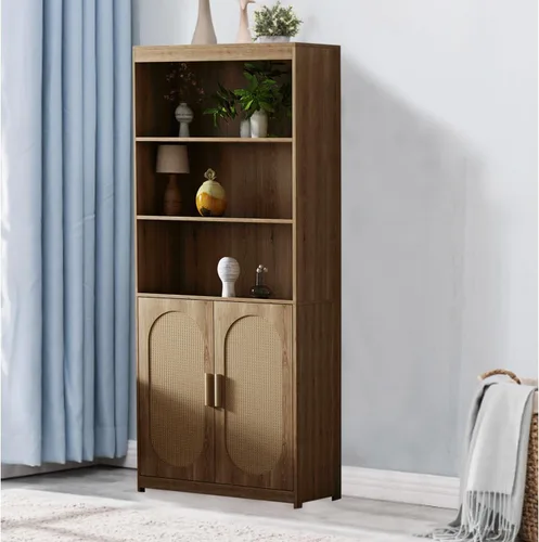 Miniatura 4 de SSLine Gabinete bohemio de ratán para oficina en casa de 71 pulgadas de alto, estantería de madera con 3 puertas decorativas de ratán y 3 estantes