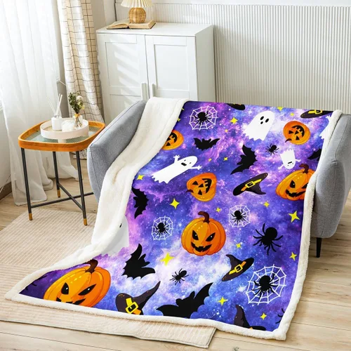 Miniatura 11 de Manfei Manta de Halloween con farol de calabaza, fantasmas, para decoración de habitación de niños y niñas, manta de araña negra para sofá, manta