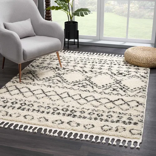 Hauteloom, Duncans - Alfombra de estilo granja de pelo mullido para sala y dormitorio, con borlas - Beige, carbón, gris - 2 pies 7 pulgadas x 7 pies