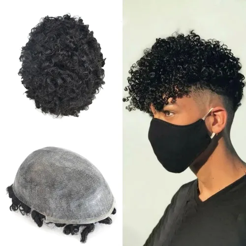 Miniatura 16 de Unidad de cabello humano para hombres negros, rizado afro brasileño, sistema de reemplazo de cabello para hombres afroamericanos afroamericanos