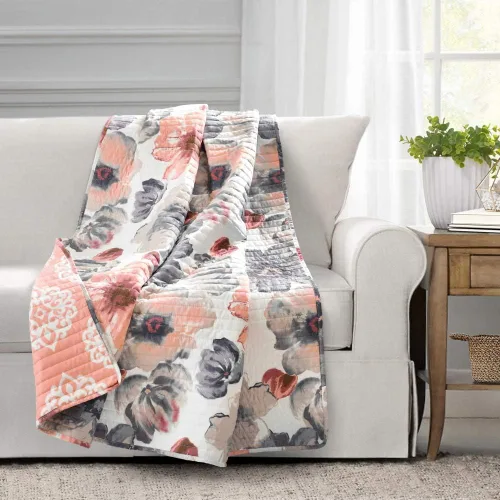Lush Decor Leah - Manta reversible, 50 pulgadas de ancho x 60 pulgadas de largo, coral y gris, flores de acuarela florecientes, encantadora manta