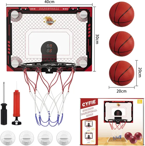 Miniatura 2 de CYFIE Mini aro de baloncesto para interiores para niños con luz LED, ventosa/aro de baloncesto sobre la puerta con marcador y 3 bolas, juguetes