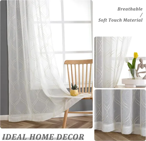 Miniatura 6 de VISIONTEX Cortinas traslúcidas blancas de 63 pulgadas de largo, juego de 2 paneles de bordado marroquí con puntos beige, tela de gasa bordada