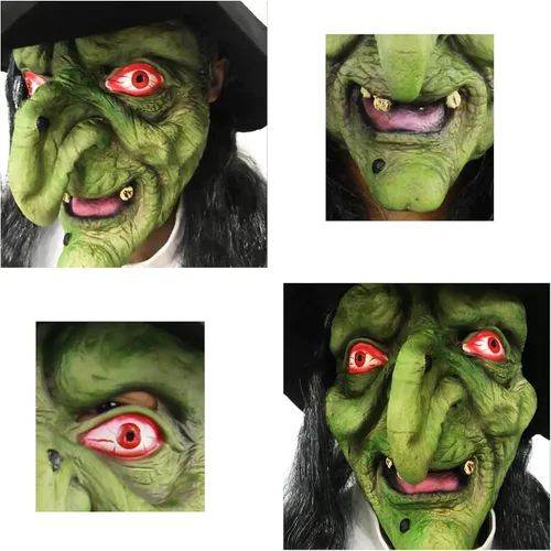 Miniatura 5 de Máscara de bruja vieja de Halloween, color verde aterrador, máscara de bruja espeluznante con sombrero para el pelo, accesorio para cosplay, disfraz