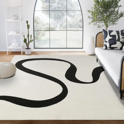 Abani Alfombra abstracta de color beige/negro, 6 x 9 pies, diseño moderno de línea curva, colección Deco, fácil de limpiar, duradera para zonas de