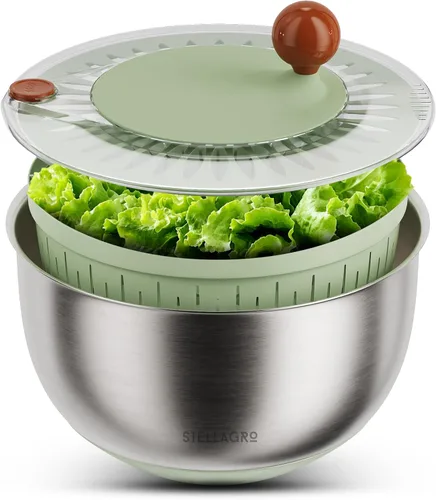 Ensaladera grande de acero inoxidable giratorio de 5.3 cuartos de galón, secadora de lechuga, lavadora de verduras con botón de freno, base