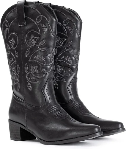 Miniatura 7 de IUV - Botas de cowboy para mujer, con punta puntiaguda, botas vaqueras occidentales para mujer, botas de vaquera a media pantorrilla