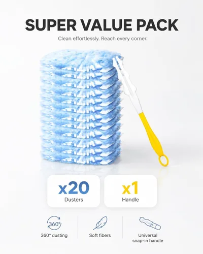 Miniatura 5 de Recambios de plumero resistentes compatibles con plumeros Swiffer, 20 repuestos de microfibra con 1 mango, plumeros multisuperficie desechables