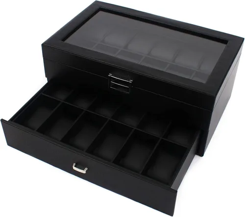 Miniatura 4 de Caja organizadora de reloj para hombres, 24 ranuras lujosa y masculina caja de exhibición texturizada de fibra de carbono - Parte superior de vidrio