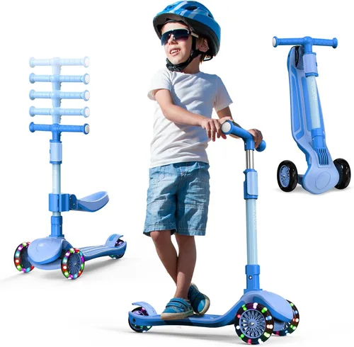 Patinete ajustable 2 en 1 para niños de 3 a 5 años (adecuado de 3 a 12 años), manillar de 5 niveles y asiento extraíble, ruedas con luces LED,