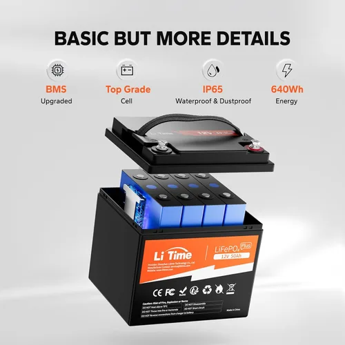 Miniatura 3 de LiTime 12V 50Ah Batería de litio LiFePO4 para RV, batería de ciclo profundo máx. 15000, ultra ligera de 11.57lbs, perfecta para autocaravana