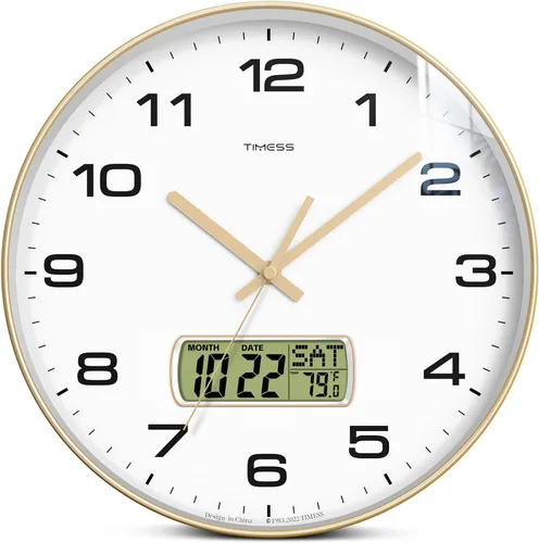 Reloj de pared TIMESS, esfera de 10" sin tictac, silencioso, funciona con pilas, analógico con pantalla LCD para calendario perpetuo y temperatura
