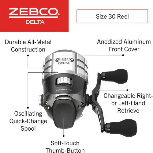 Miniatura 2 de Zebco Carrete de pesca Delta Spincast, embrague instantáneo antirretroceso, engranajes totalmente metálicos, recuperación cambiable a mano derecha