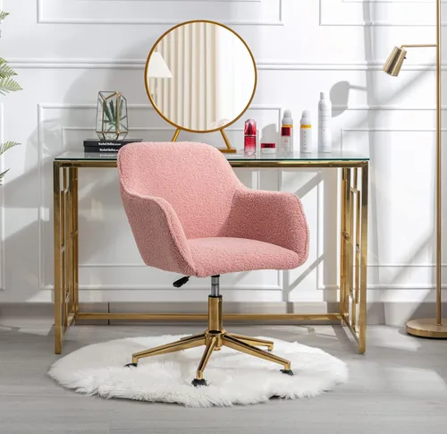 Miniatura 11 de Henf Silla de escritorio tapizada en piel sintética negra para maquillaje con base dorada, silla giratoria de oficina, silla de computadora