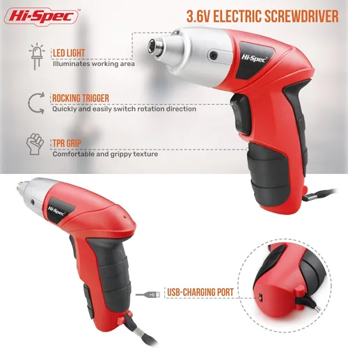 Miniatura 3 de Hi-Spec Juego de destornilladores eléctricos de potencia pequeña, color rojo, 27 piezas, 3.6 V, inalámbrico y recargable con juego de puntas